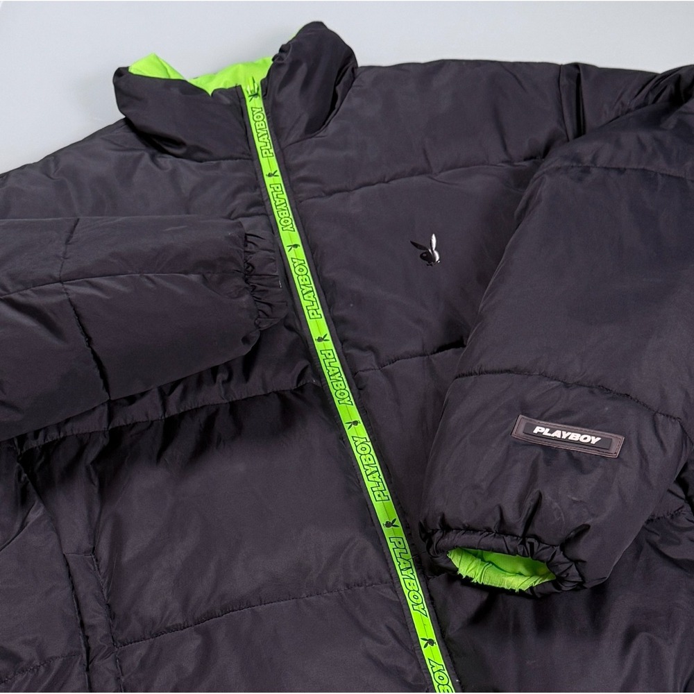 Playboy x PacSun Mens Medium Reversible Puffer Jacket Black Neon Lime Green